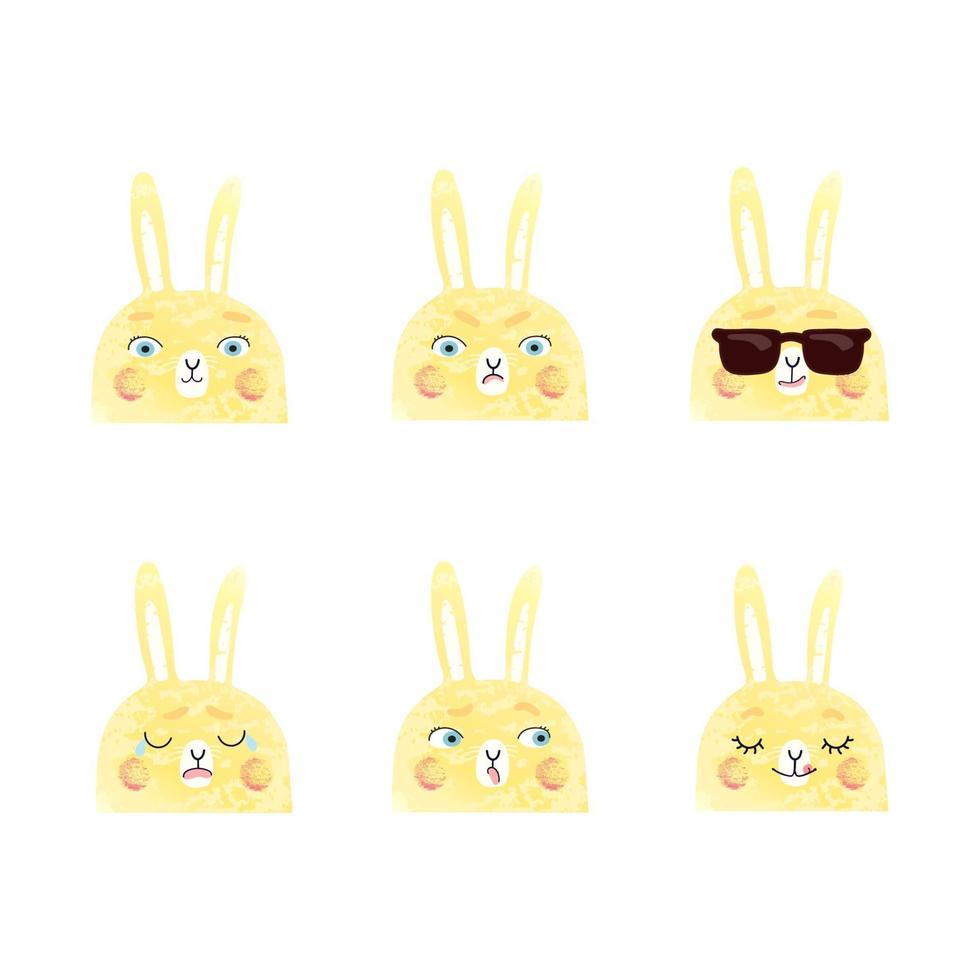 Vector modern set with cute illustrations of bunnies with different emotions. Use it as element for design greeting card, poster, chat messenger cartoon emotes, Social Media post, children game design