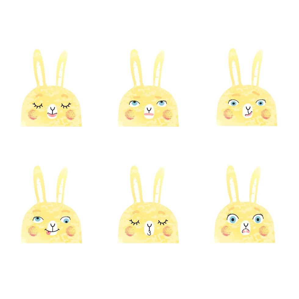 Vector modern set with cute illustrations of bunnies with different emotions. Use it as element for design greeting card, poster, chat messenger cartoon emotes, Social Media post, children game design