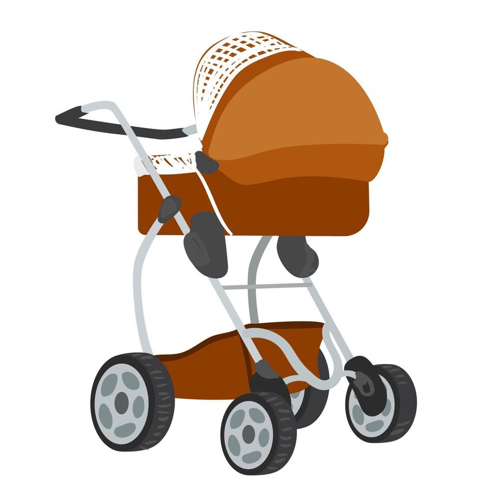 Vector colorful illustration of brown colored baby stroller in modern style, isolated on white background.