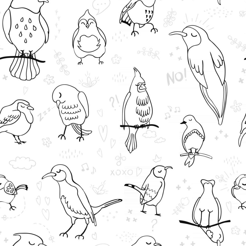 vector de fondo sin fisuras con la ilustración de contorno blanco y negro de aves. se puede utilizar como papel tapiz, página web, texturas superficiales, papel de regalo, estampado textil infantil, ropa de bebé