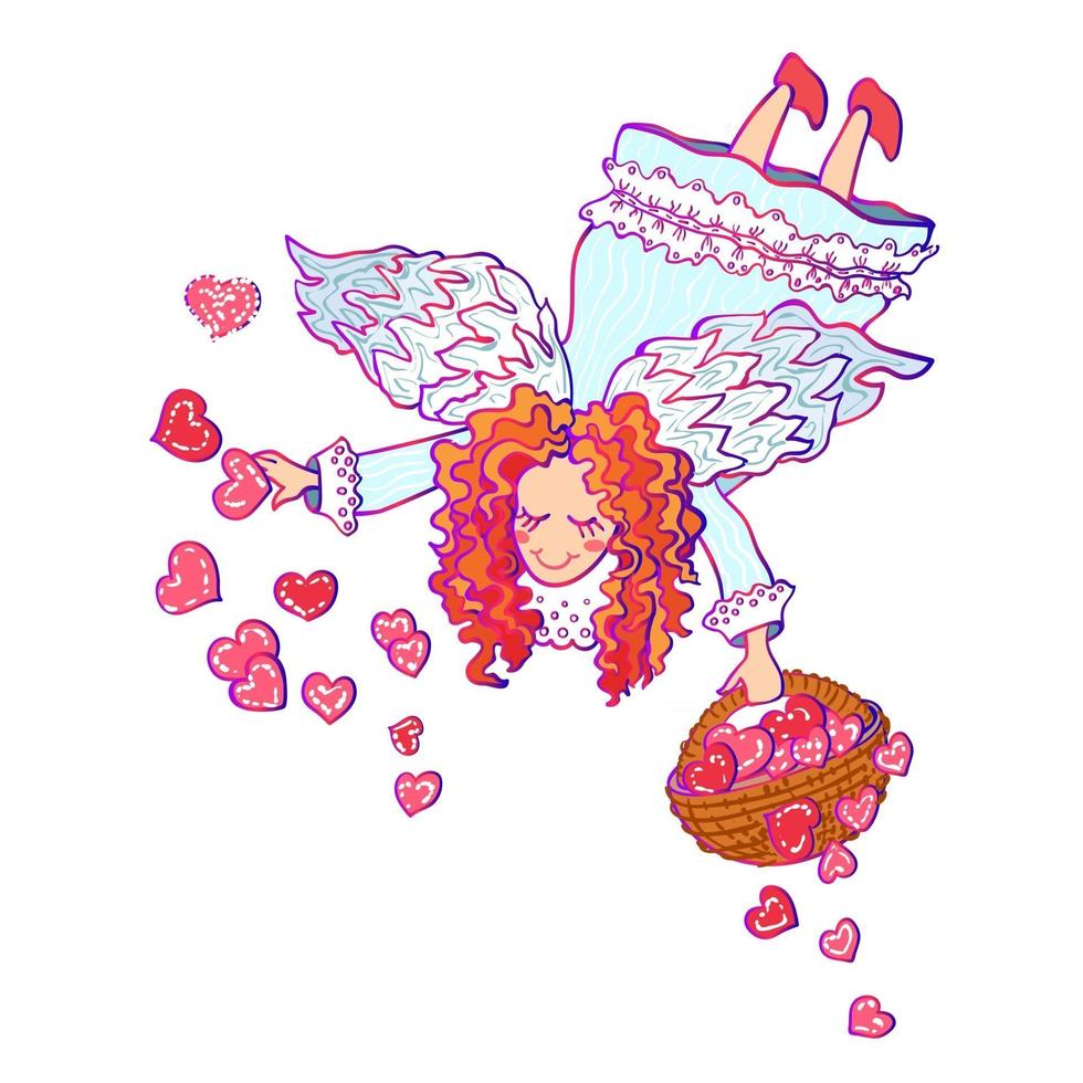 Vector cartoon colorful illustration of cute redhead angel with basket full of hearts isolated on white background