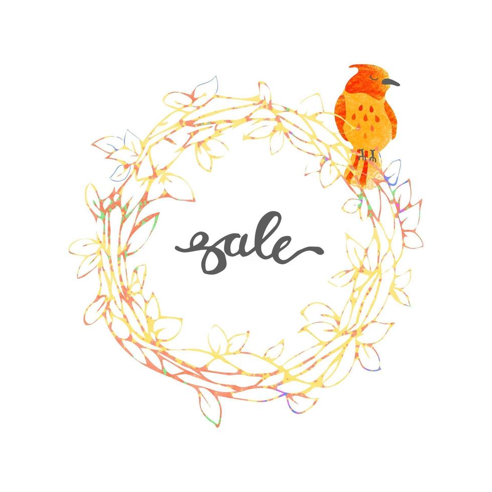 Vector colorful illustration of cute wreath and bird. Spring sale banner template design