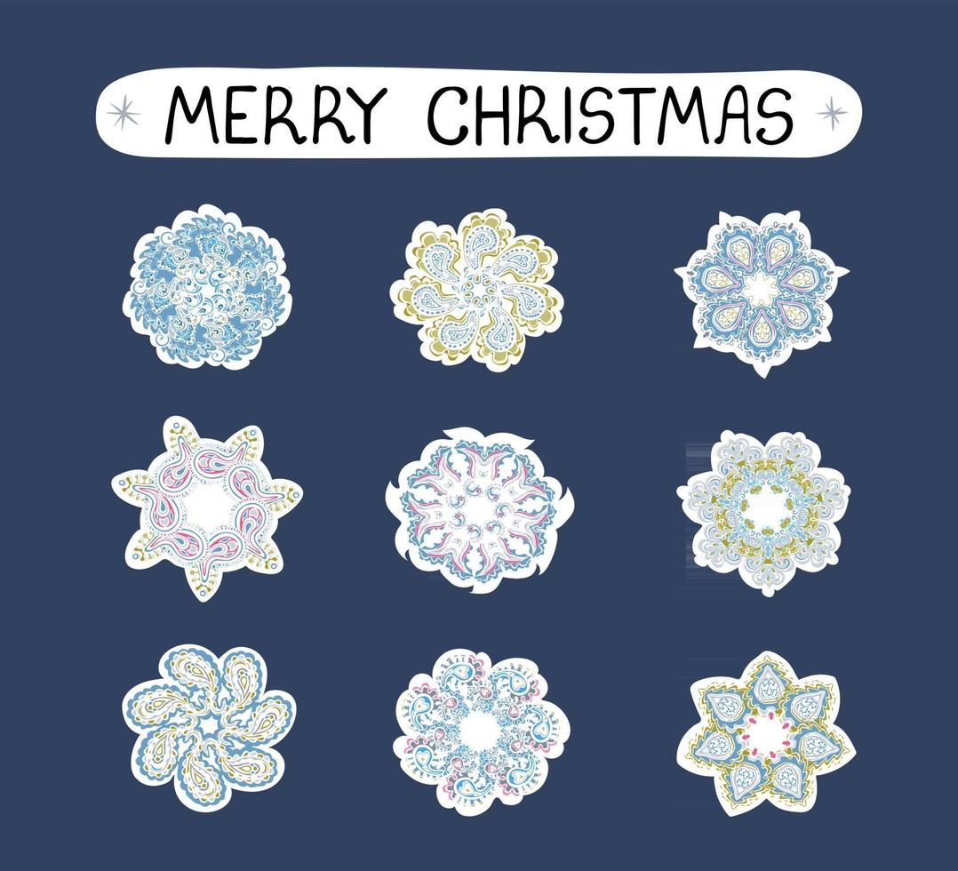 Vector conjunto de Navidad colorido moderno con ilustraciones de copos de nieve, paquete de pegatinas. Úselo como elementos para el diseño de tarjetas de felicitación, carteles, tarjetas, diseño de papel de embalaje