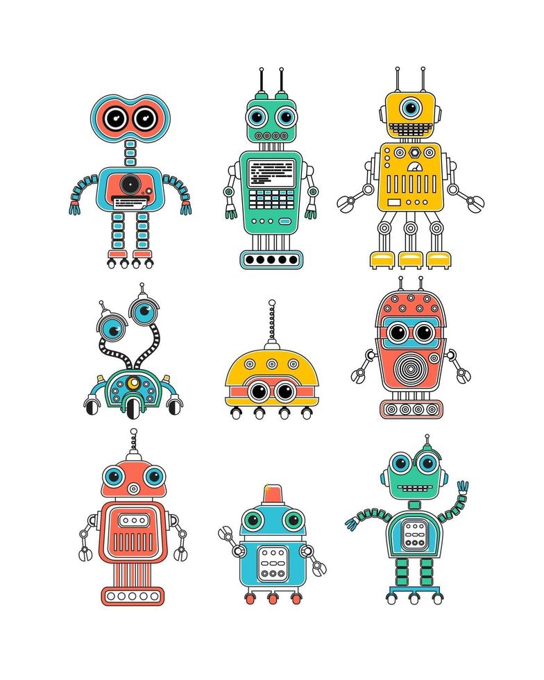 conjunto de lindos robots vintage. iconos de circuito. vector
