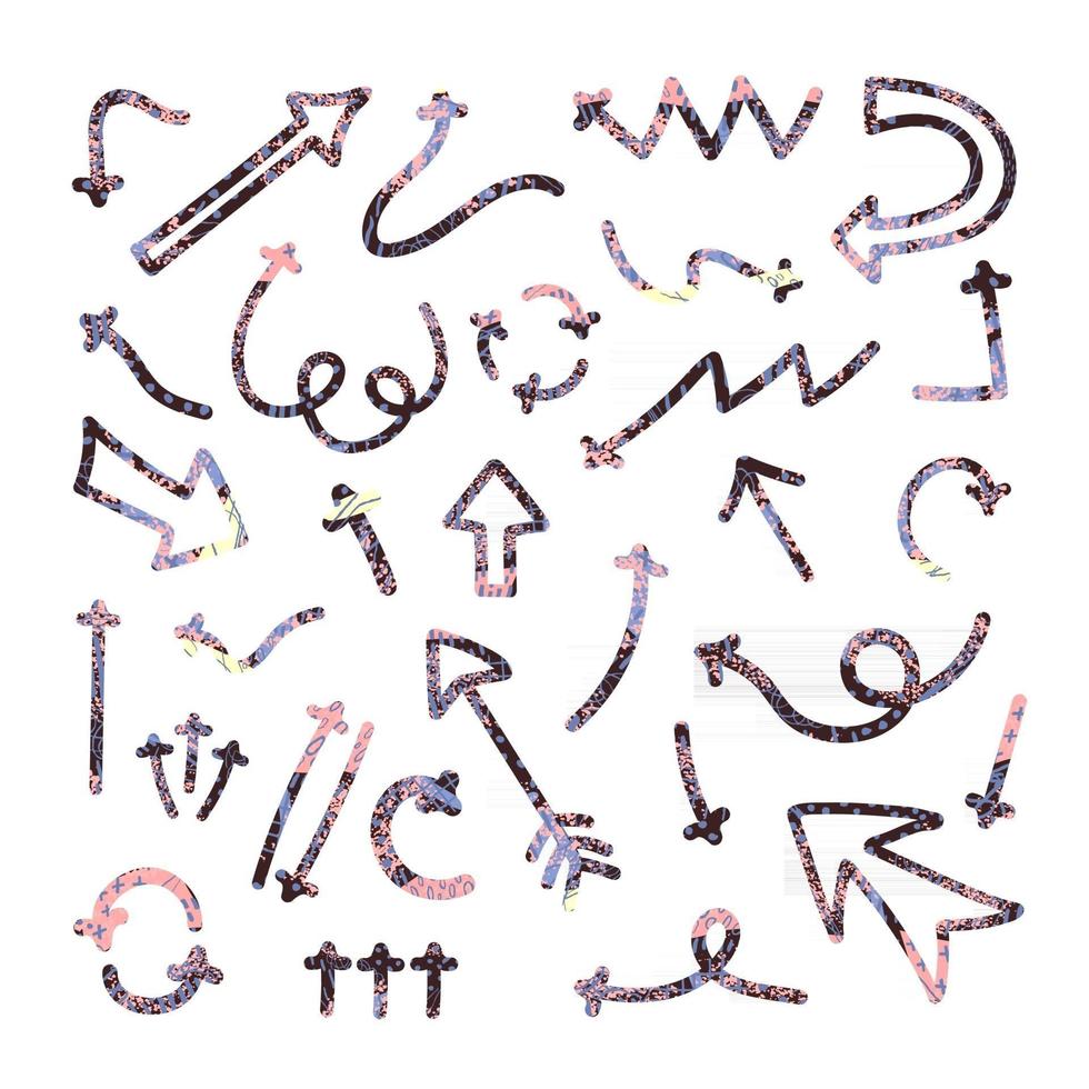 Vector colorful abstract set with illustrations of hand drawn arrows and direction pointers isolated on white background. Elemets for your design for card, poster, packaging paper, t-shirts print