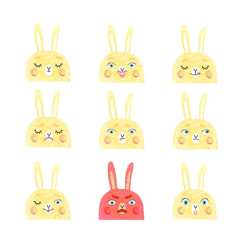 Vector modern set with cute illustrations of bunnies with different emotions. Use it as element for design greeting card, poster, chat messenger cartoon emotes, Social Media post, children game design