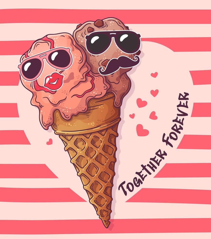 Vector. Two balls of ice cream in one waffle cone. ard for valentines day. vector