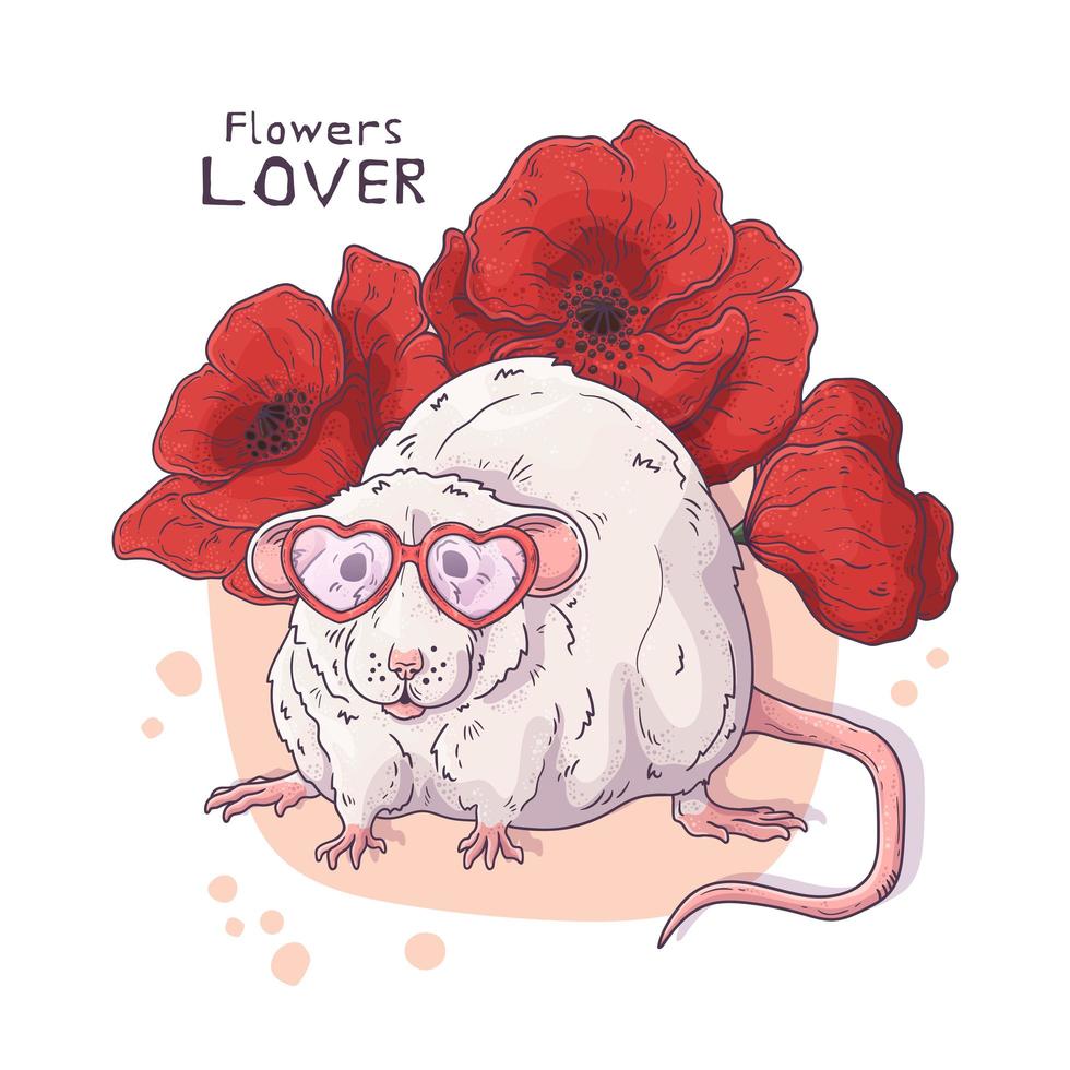 Vector hand drawn illustrations. Cute realistic rat with flowers.