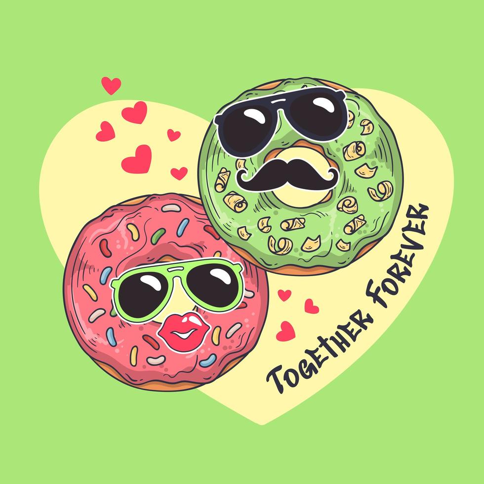 Vector donas dibujadas a mano con divertidas máscaras en la tarjeta para el día de San Valentín.