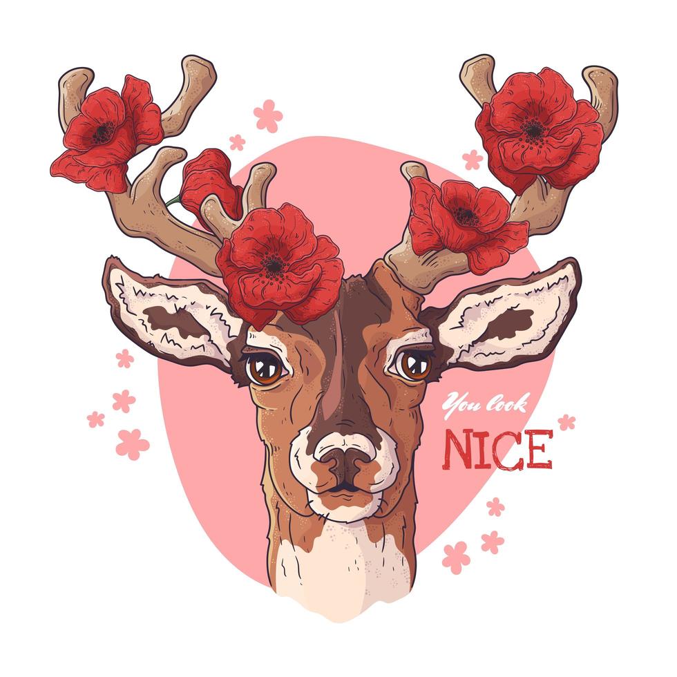 Vector sketching illustrations. Portrait of deer with poppies.