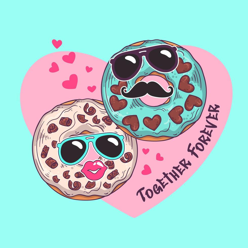 Vector hand drawn donuts with funny masks on card for valentines day.