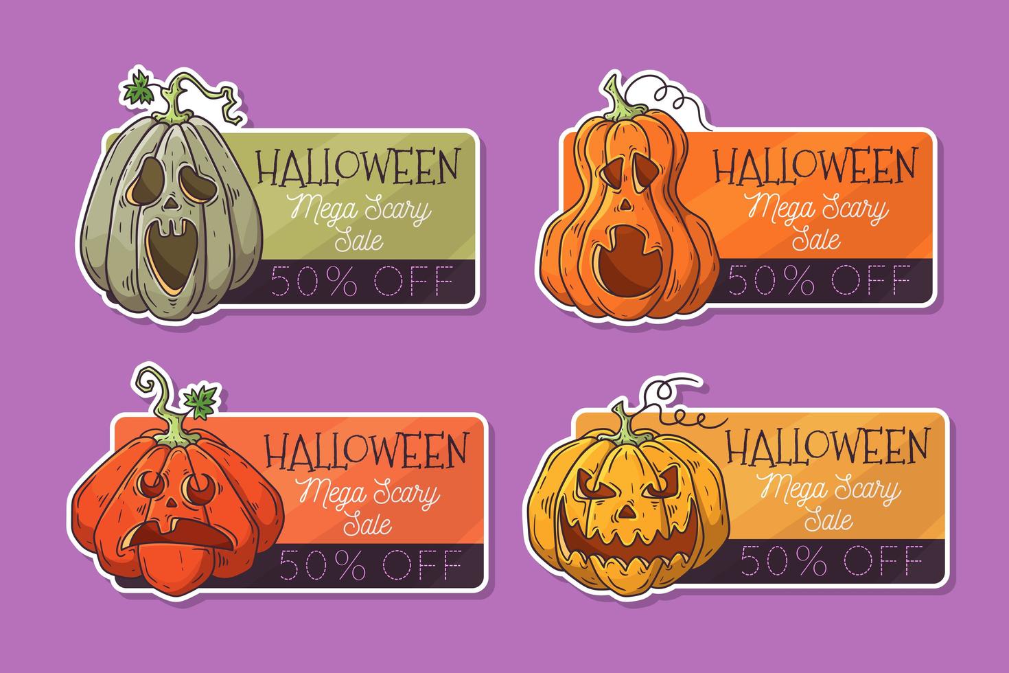 Vector hand drawn Halloween labels with pumpkins.