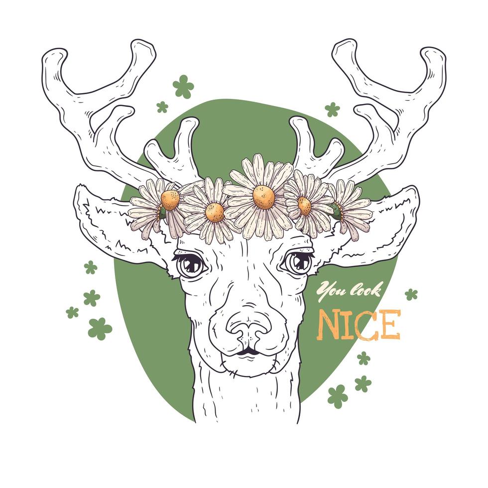 Vector sketching illustrations. Portrait of deer with a wreath of daisies.