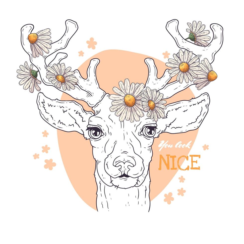 Vector sketching illustrations. Portrait of deer with daisies.