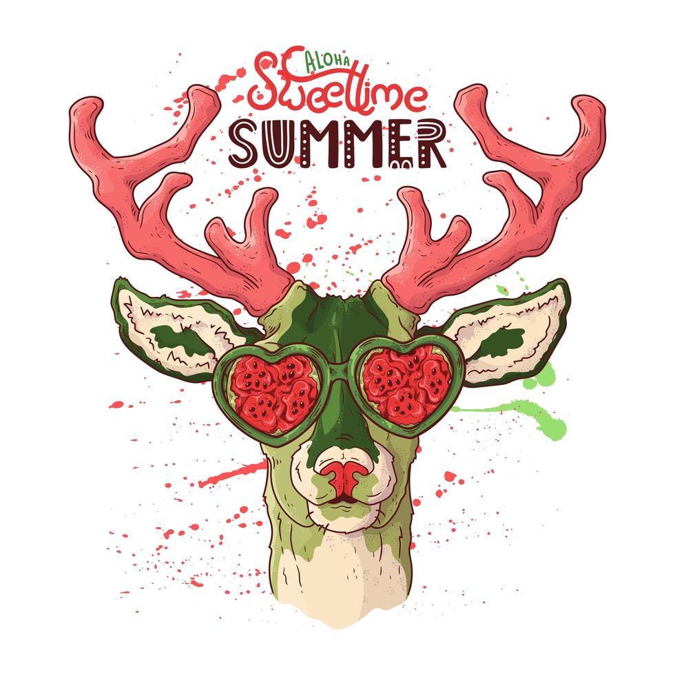 Vector hand drawn illustrations. Portrait of deer under the effect of watermelon.