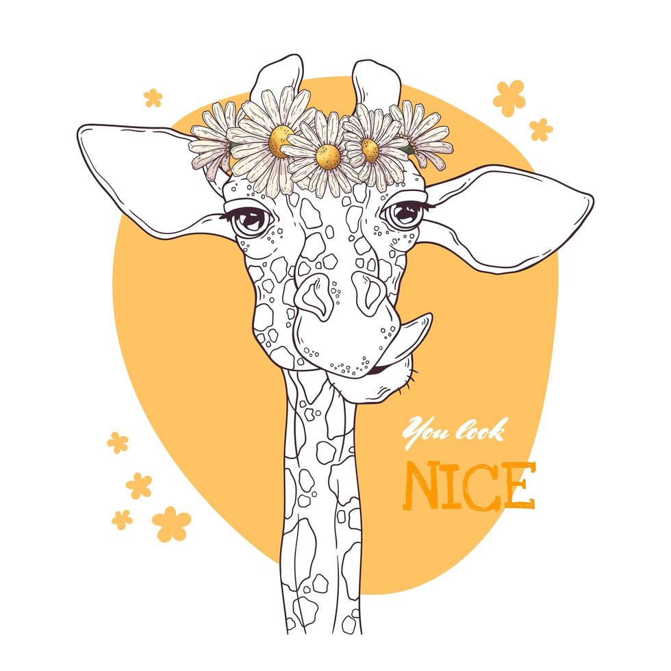 Vector sketching illustrations. Portrait of giraffe with a wreath of daisies.
