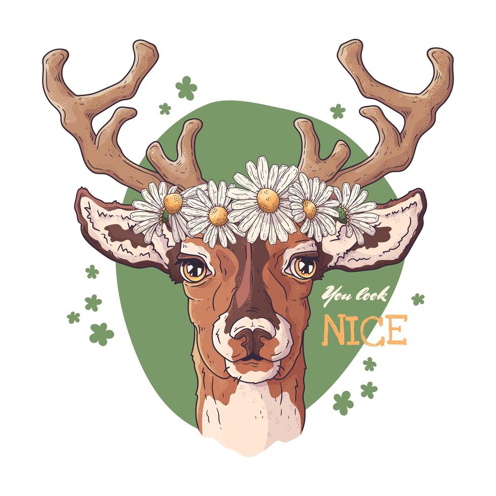Vector sketching illustrations. Portrait of deer with a wreath of daisies.