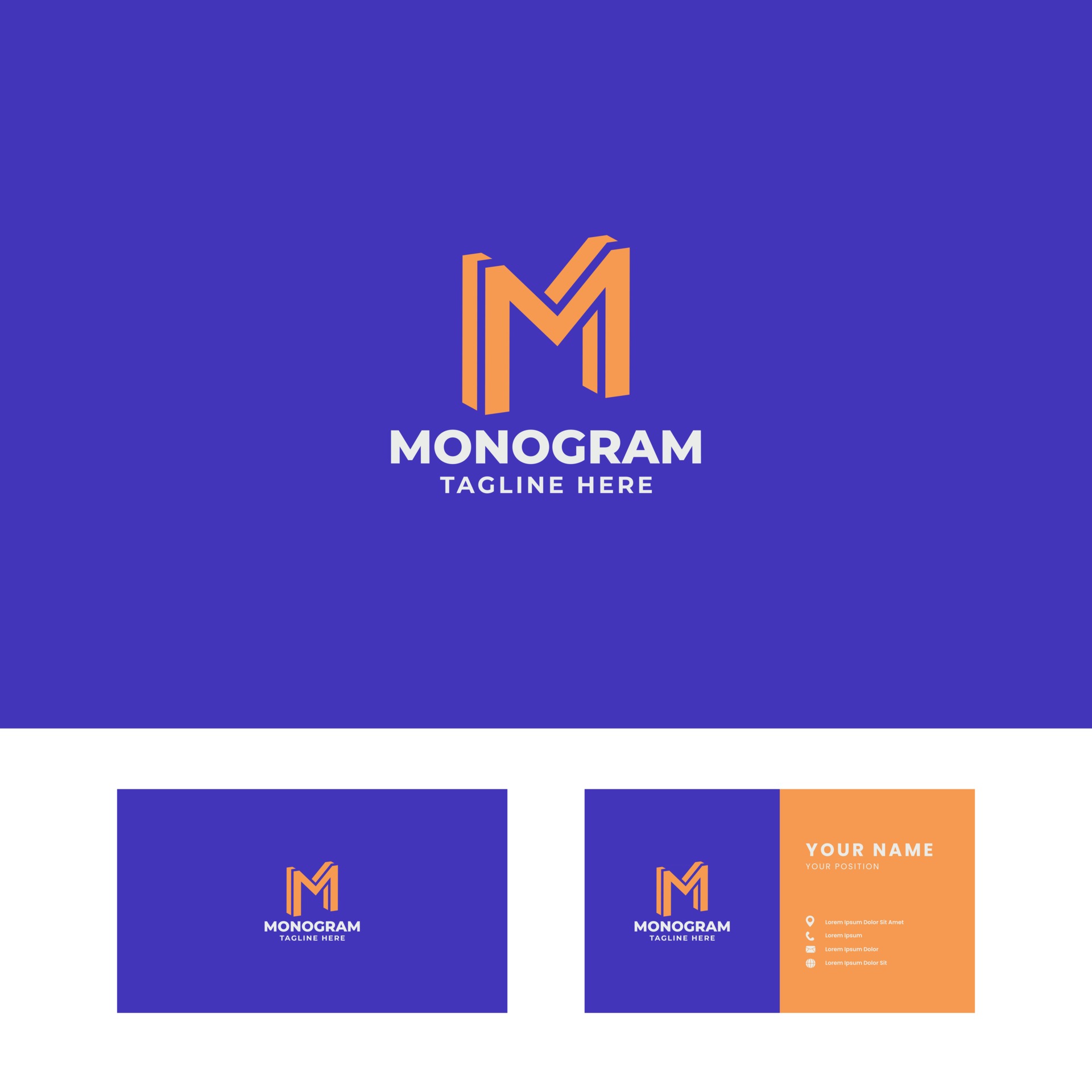 Orange 3D Slant Letter M Logo in Blue Background with Business Card