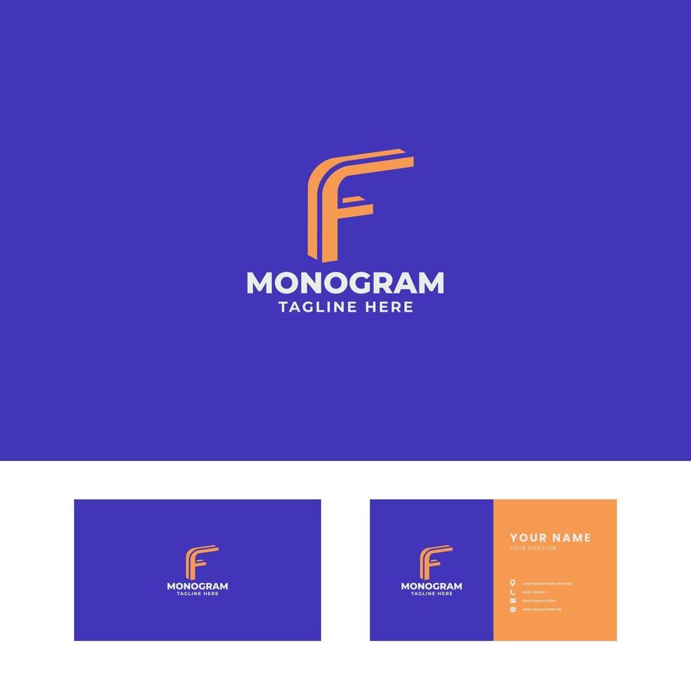 Orange 3D Slant Letter F Logo in Blue Background with Business Card Template vector