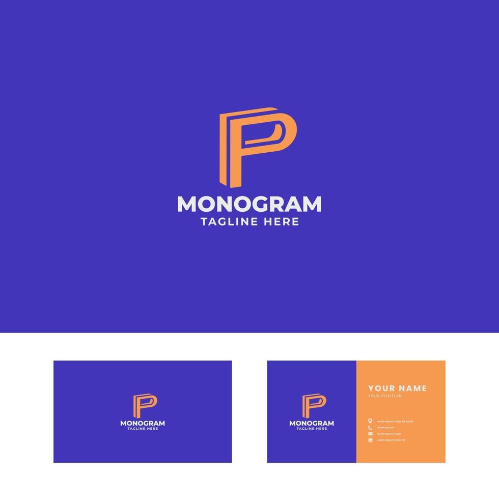 Orange 3D Slant Letter P Logo in Blue Background with Business Card Template vector