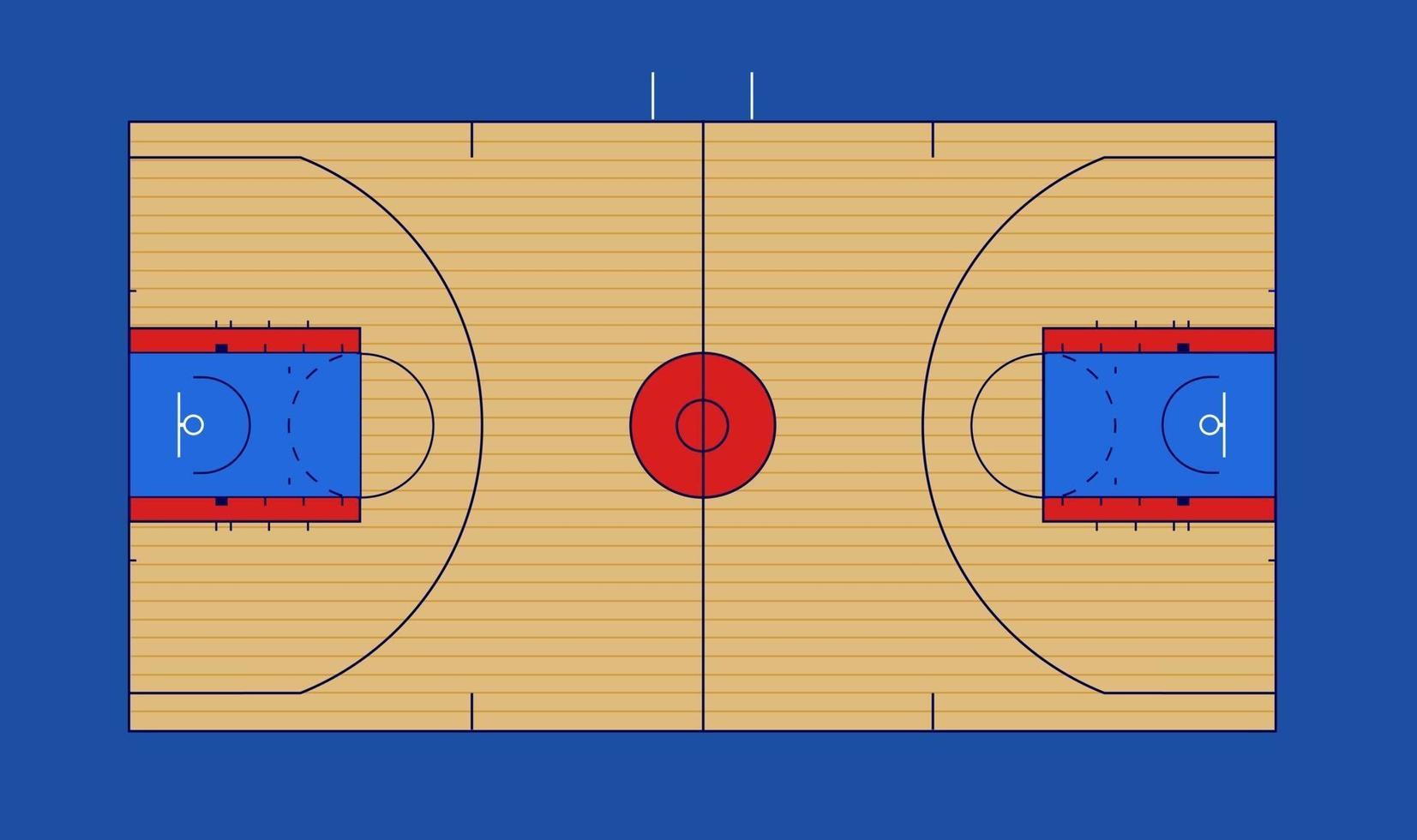 Ilustración de vector de cancha de baloncesto con marcas nba y ncaa