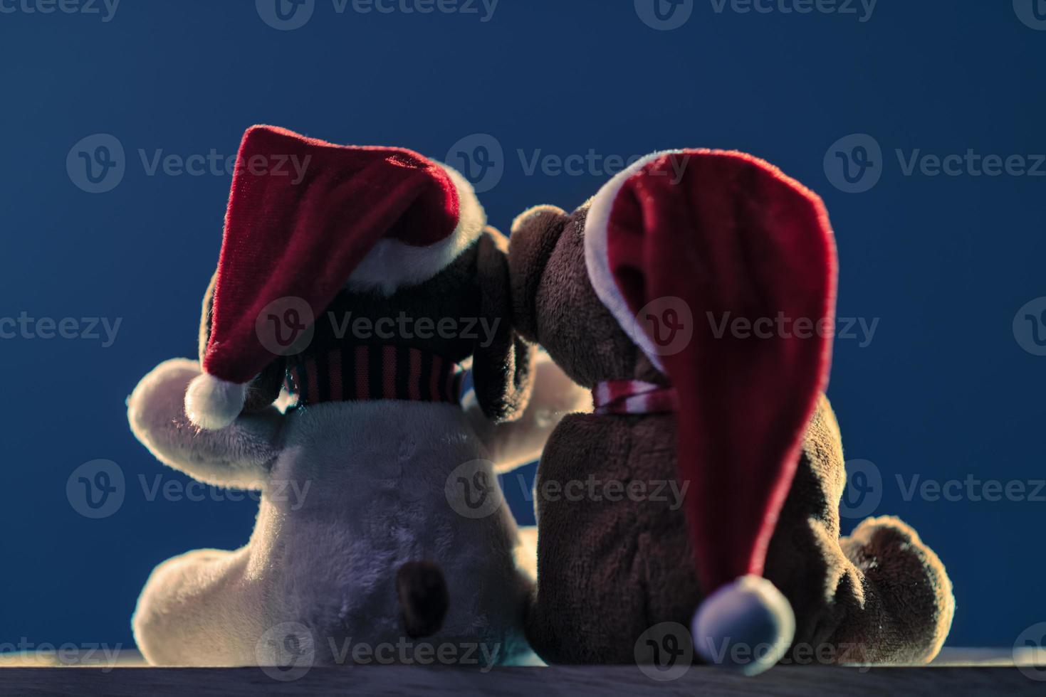 Two teddy bears enjoying Christmas and New Year Eve, New Year celebration concept. photo