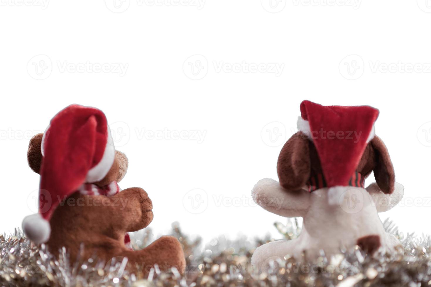 Two teddy bears enjoying Christmas and New Year Eve, New Year celebration concept. Isolated on white background. photo