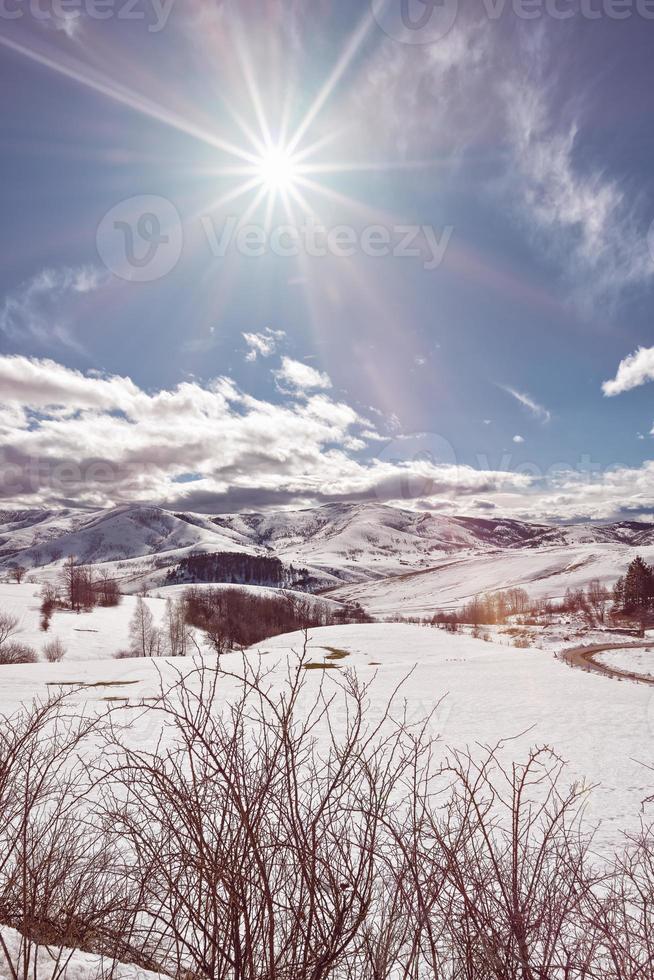 montaña zlatibor, serbia en invierno. hermoso paisaje en invierno, una montaña cubierta de nieve en el soleado día claro. foto