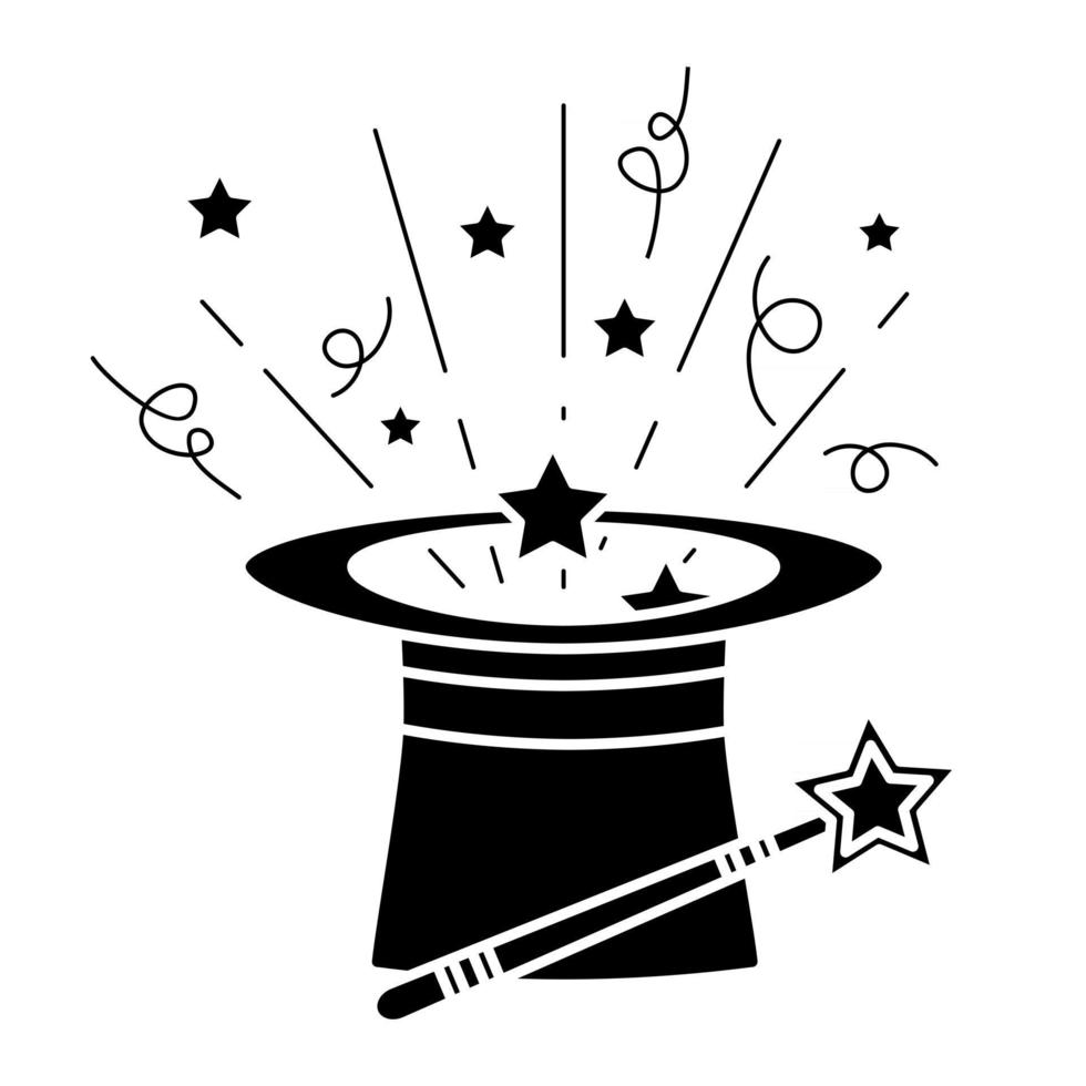 Black magic hat with wand sticks and stars. Magical performance template. A magical icon in glyph style, isolated on white background. Vector