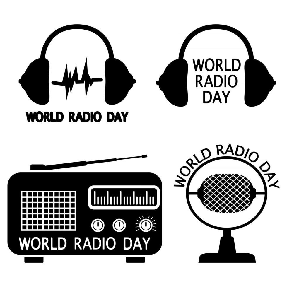 World radio day. Set of vector emblems, labels, badges and logos in glyph style. Radio, microphone, headphone objects isolated on white background. Vector