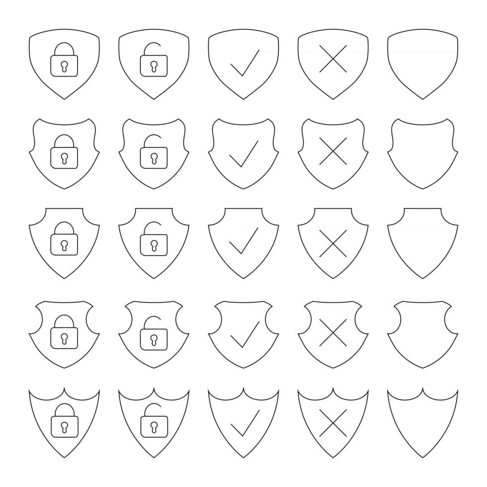 Collection of shield with open and close lock inside. Set of shield in different form in outline style. 144x144 pixel perfect. Protection icons isolated on white background vector