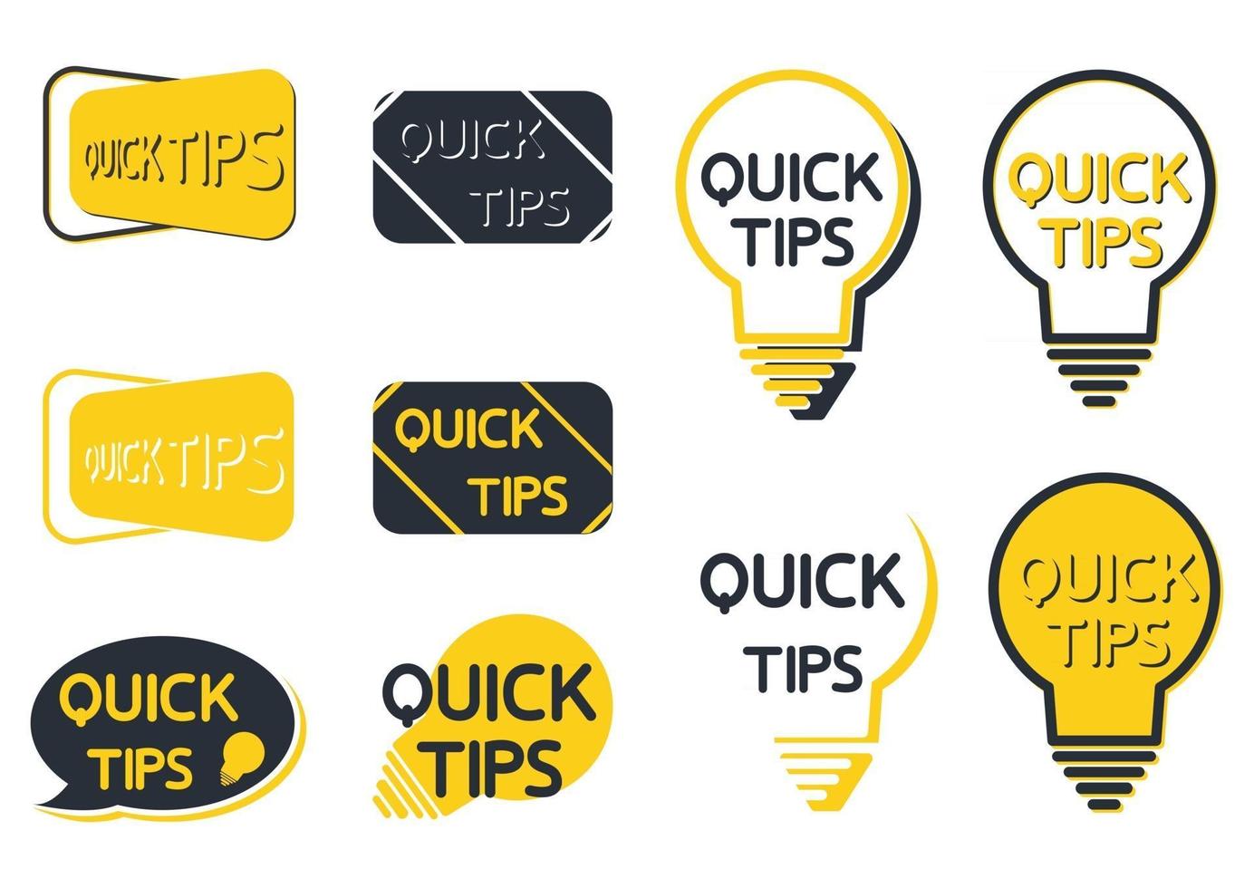 Quick tip icon set. Yellow lightbulb icons with quick tips text inside. Lamp of advice idea quickly solutions advices trick mark. Helpful tricks. Helpful idea or solution. Vector