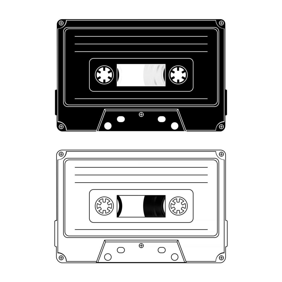 Tape cassette. Vector black and white illustration compact cassette tape in outline and in glyph style. Web graphics, banners, advertisements, stickers, labels, and T-shirt templates