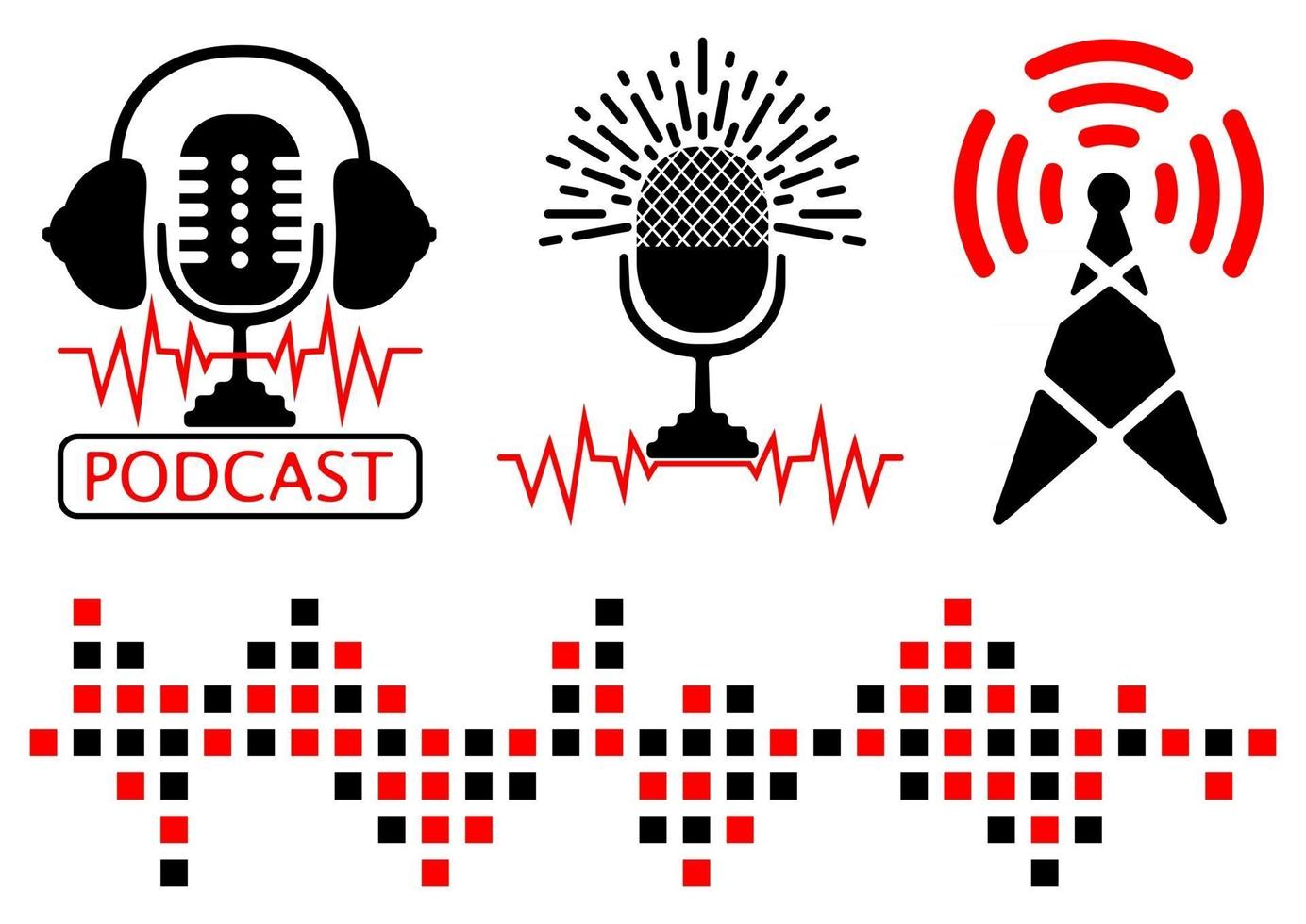 Podcast radio icon illustration sets. Broadcast tower, radio frequency and microphone with headphones. Podcast microphone, signs or logo templates. On the Air symbols. Vector