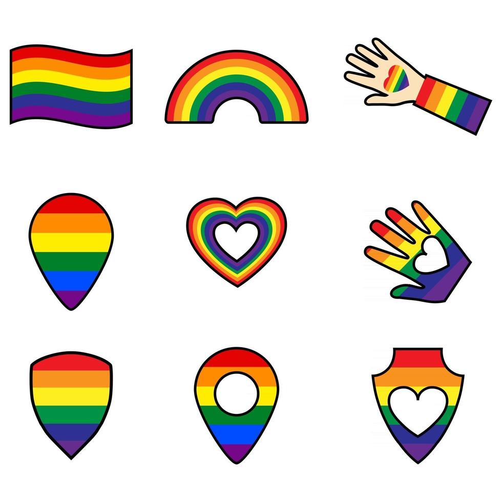 iconos lgbt de colores del arco iris. orgullo gay. concepto lgbt. mes del orgullo de las personas homosexuales. pin de mapa. Ilustración colorida de estilo realista. pegatina, parche, estampado de camiseta, diseño de logotipo. vector