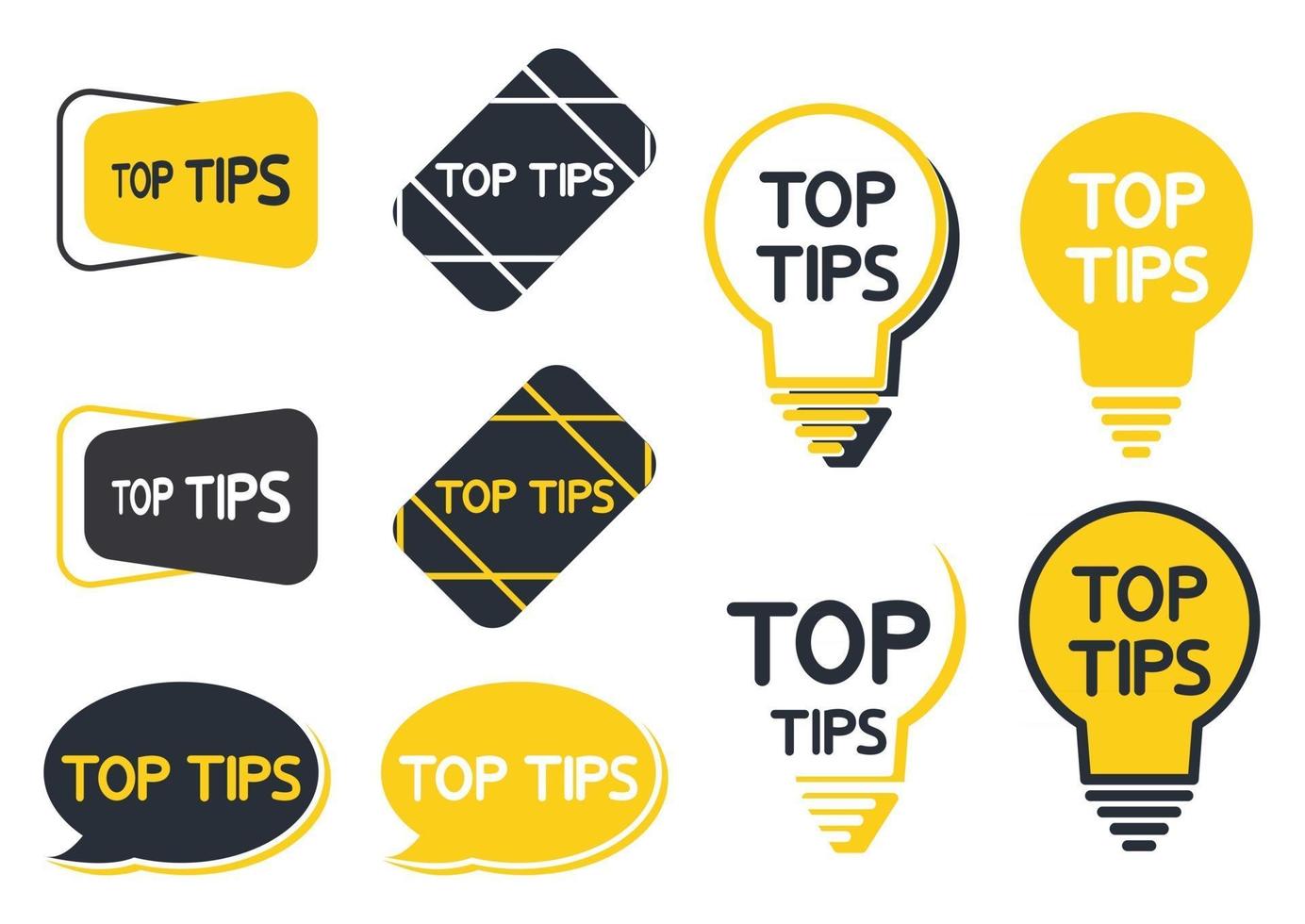 Top tip icon set. Tips and tricks, helpful tricks, emblems and banners. Helpful idea or solution. Vector