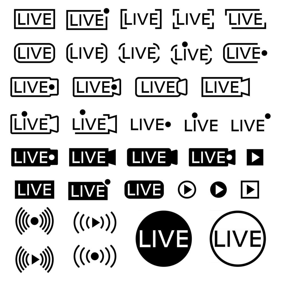 Live broadcating icon. Set of live streaming icons. Black symbols and buttons for streaming, record, online stream. Lower third template for tv, shows, movies and  performances in real time vector