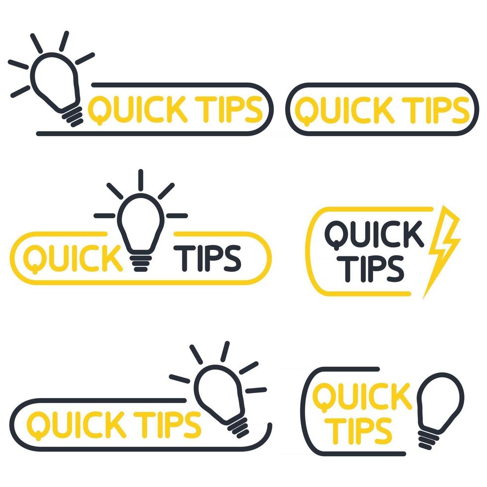 Quick tips icon or symbol set with black and yellow color and lightbulb element. Helpful tricks. Helpful idea, solution and trick illustration. Editable stroke. Quick tip icon set. Vector