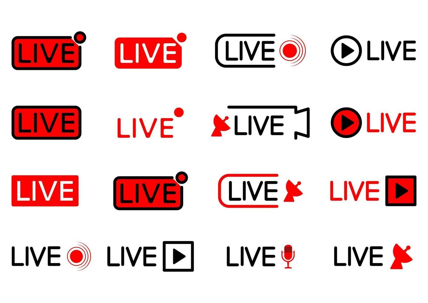 icono de transmisión en vivo. conjunto de iconos de transmisión en vivo. símbolos negros y rojos para transmisión, grabación, transmisión en línea. conjunto de botones de transmisión en diferentes formas. vector