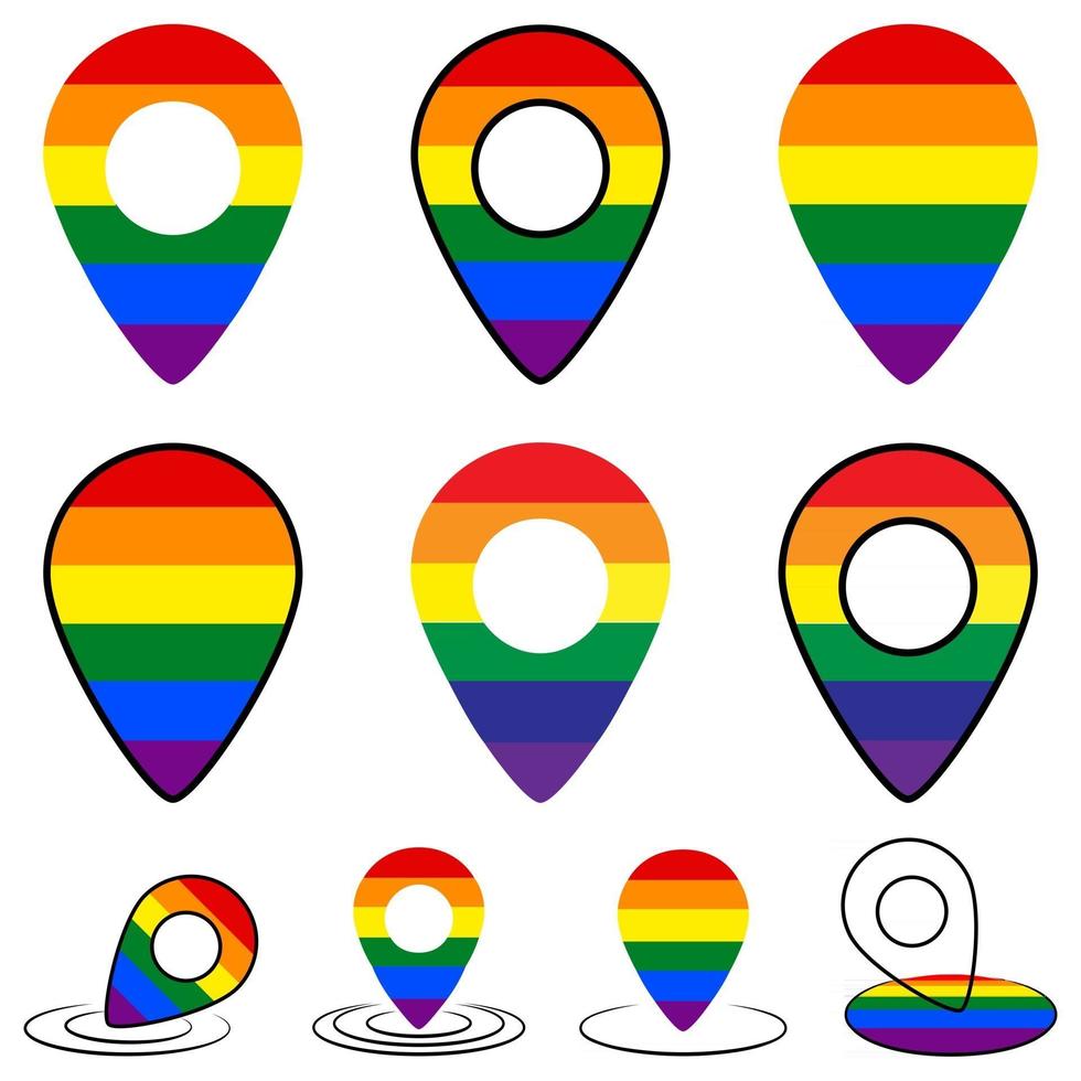 pines del mapa de colores del arco iris. orgullo gay. concepto lgbt. ubicación lgbt. colección de pines del mapa para la ubicación del desfile homosexual. derechos humanos y tolerancia. vector