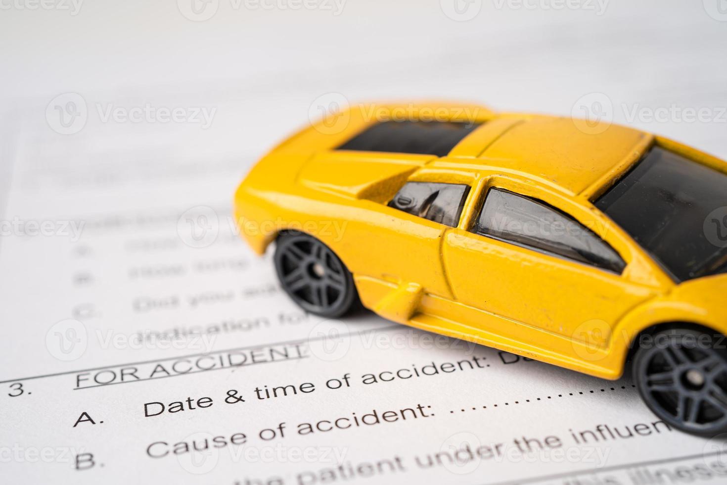 Car on Insurance claim accident car form background, Car loan, Finance, saving money, insurance and leasing time concepts. photo