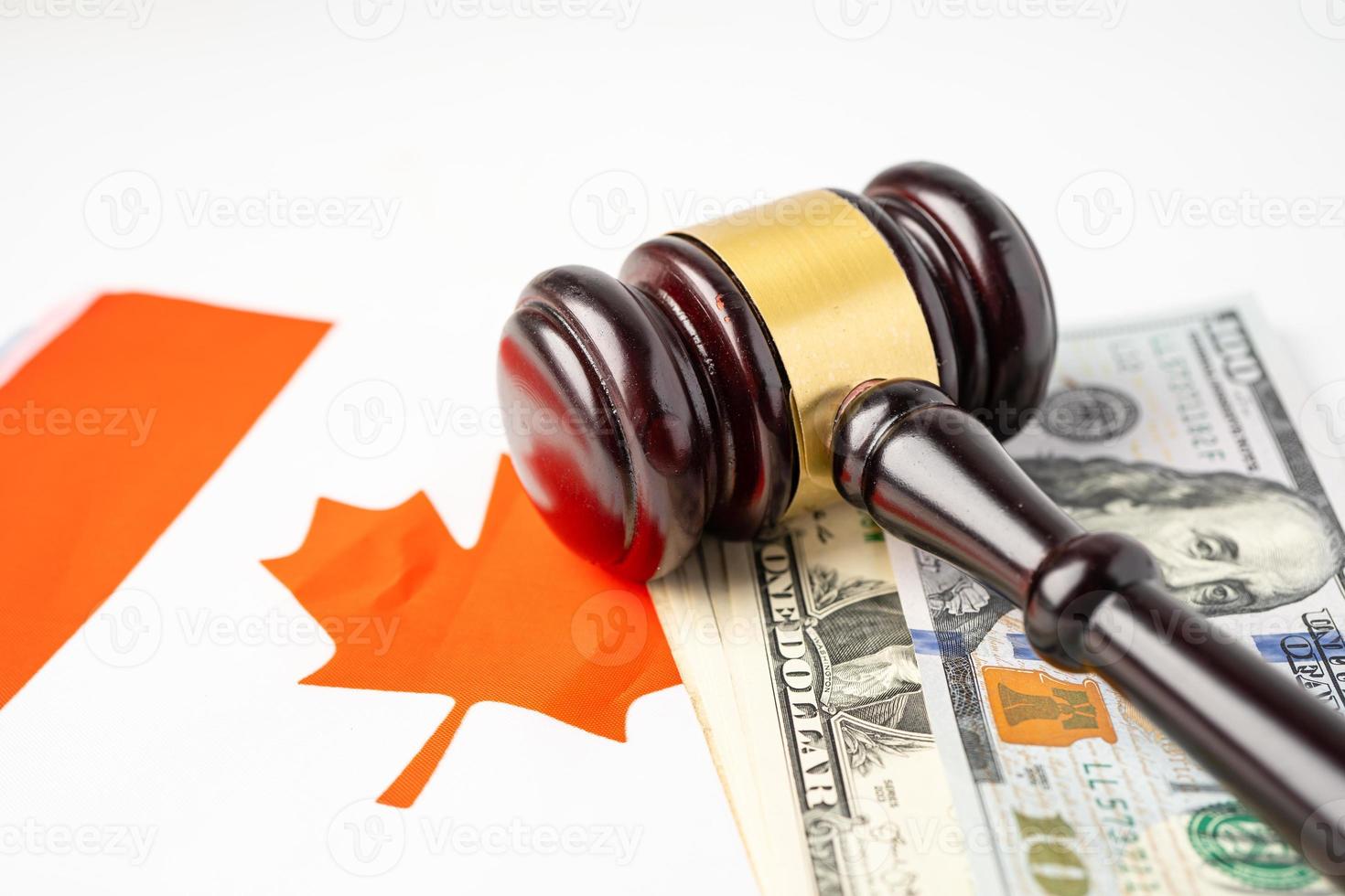 Canada flag country with gavel for judge lawyer. Law and justice court concept. photo