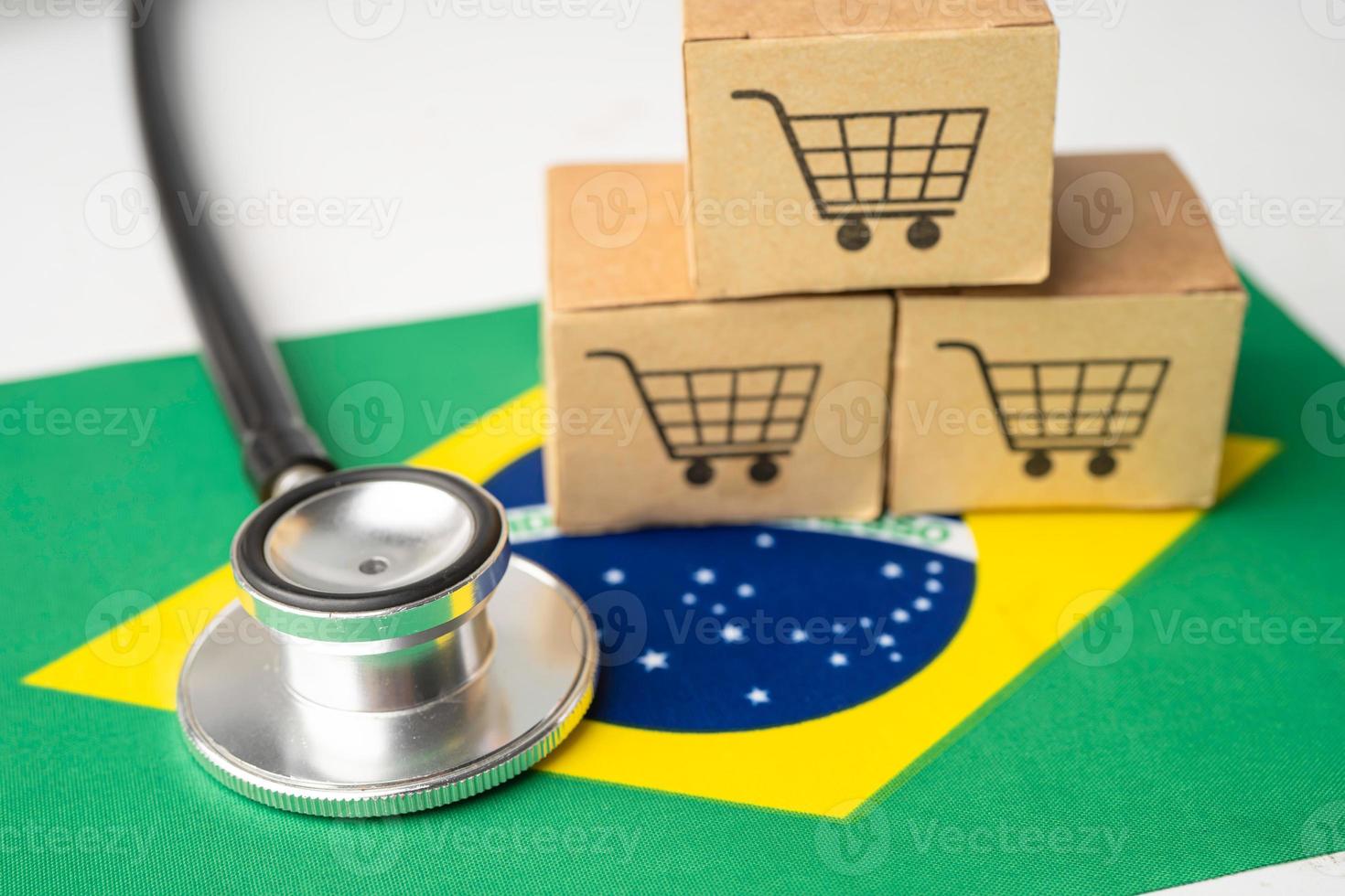 Logotipo de carrito de compras con la bandera de Brasil, concepto de negocio de finanzas de comercio electrónico de importación y exportación de compras en línea. Bandera, compras en línea, importación, exportación, comercio electrónico, finanzas, concepto de negocio. foto