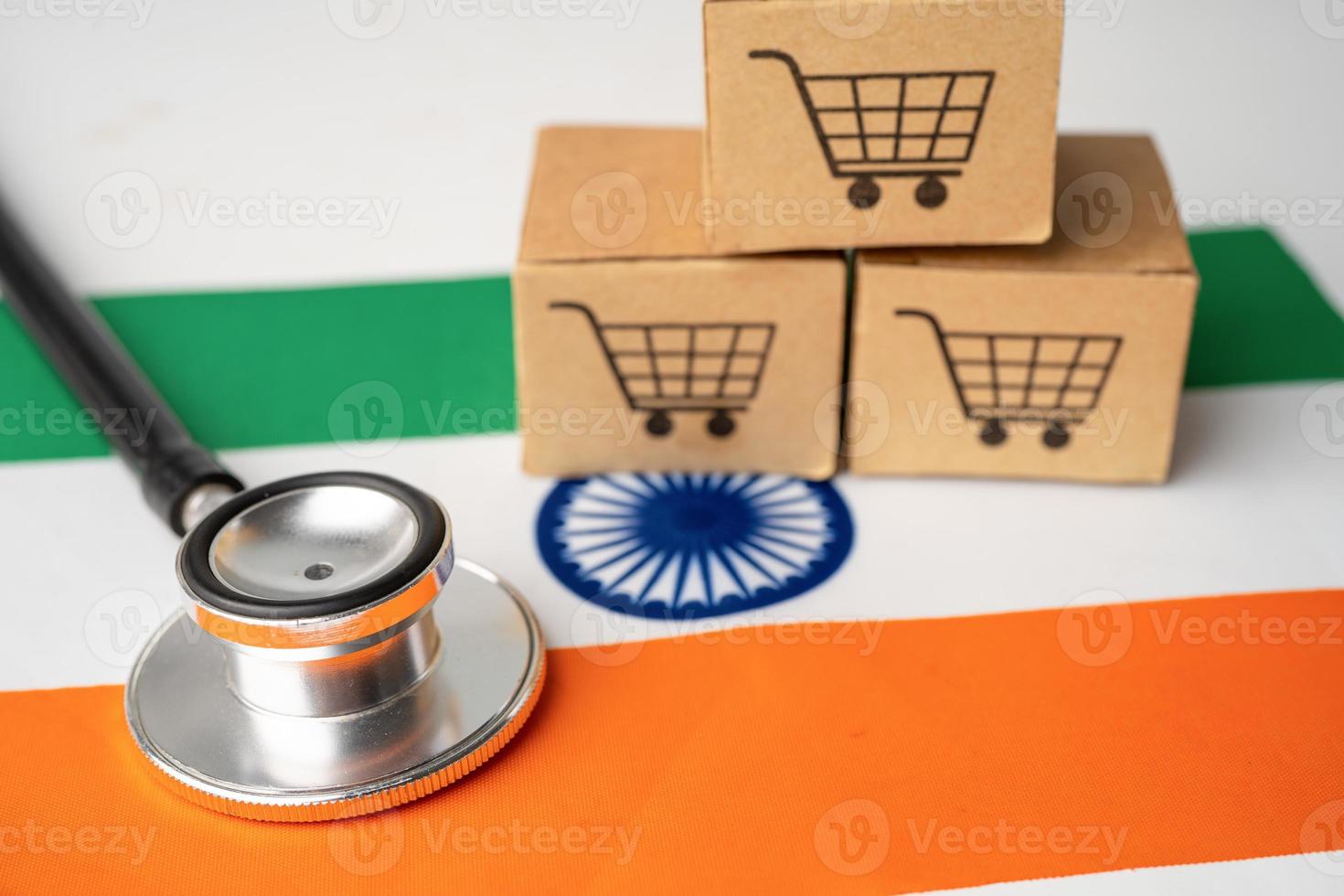 Box with shopping cart logo and India flag, Import Export Shopping online or eCommerce finance delivery service store product shipping, trade, supplier concept. photo