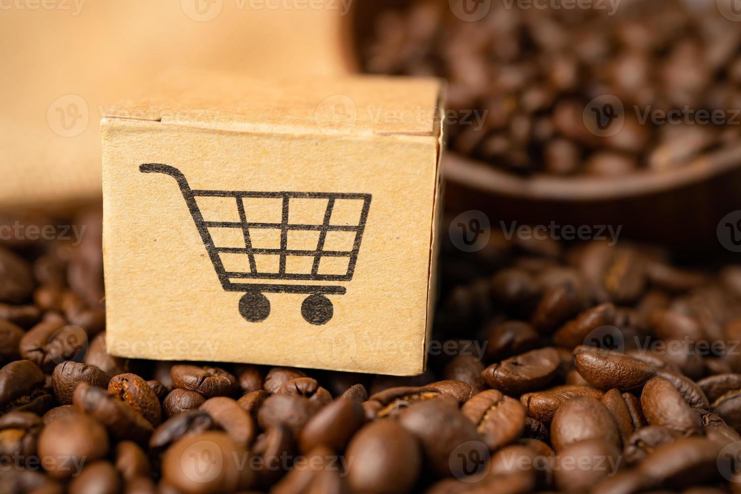 caja con el símbolo del logotipo del carrito de compras en granos de café, importación, exportación, compras en línea o servicio de entrega de comercio electrónico, envío de productos de tienda, comercio, concepto de proveedor. foto