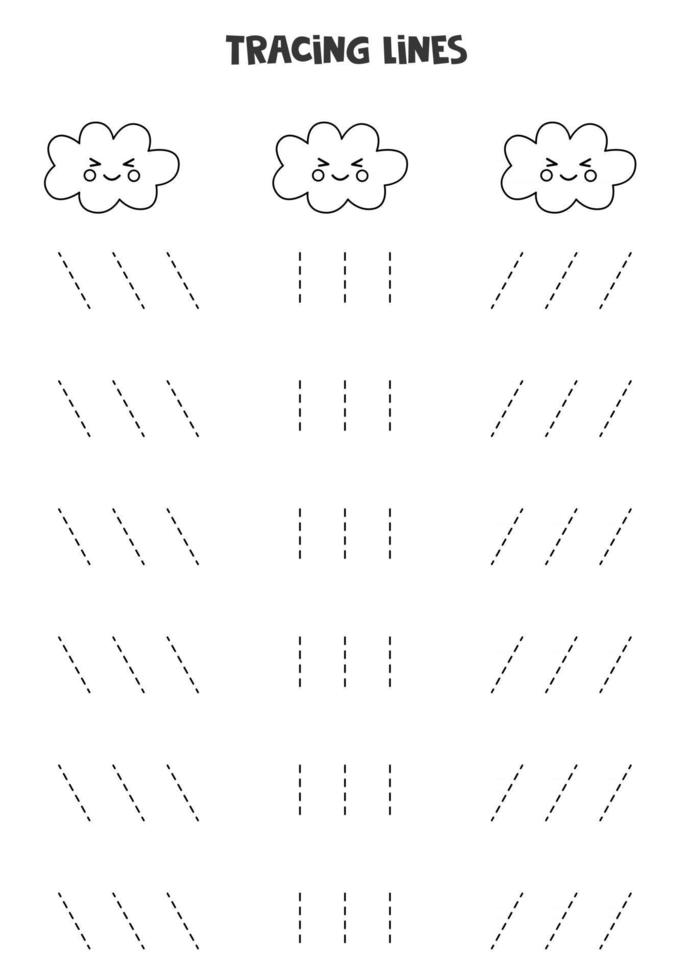 Tracing lines with black and white cute clouds. Writing practice. vector