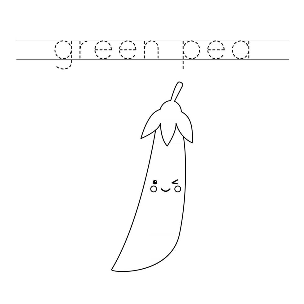 Tracing letters with cute kawaii green pea. Writing practice for kids. vector