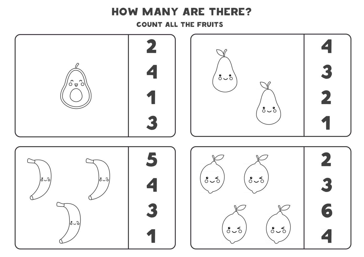 Counting game with cute kawaii fruits. Math worksheet. vector