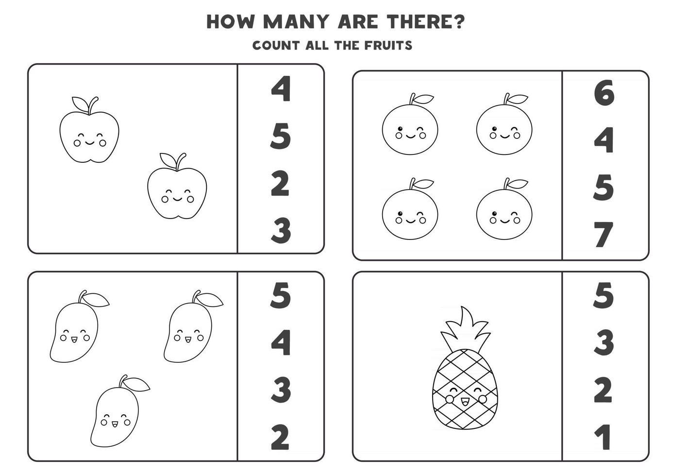 Counting game with cute kawaii fruits. Math worksheet. vector