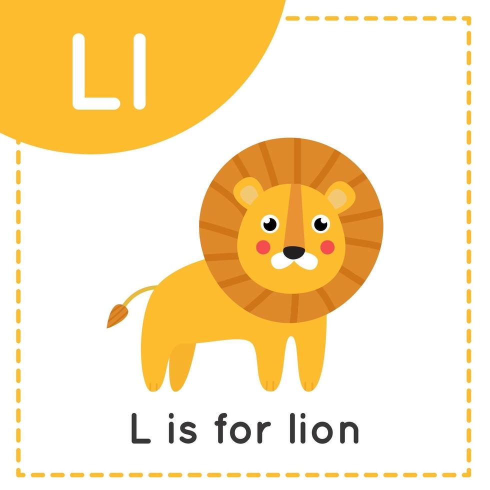 Learning English alphabet for kids. Letter L. Cute cartoon lion. vector